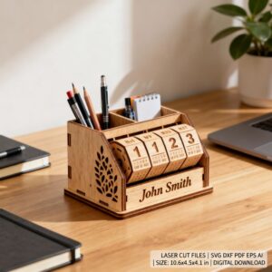 Personalized Desk Organizer with Perpetual Calendar | Laser Cut Pencil Holder SVG | Wooden Office Organizer Template
