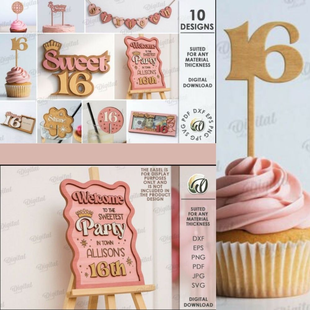 Sweet 16 Laser Cut Party Bundle | Birthday Décor SVG Set | Cake Toppers, Signs & Banners for Glowforge, Cricut & xTool