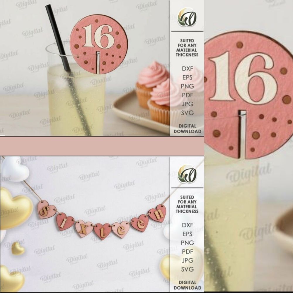 Sweet 16 Laser Cut Party Bundle | Birthday Décor SVG Set | Cake Toppers, Signs & Banners for Glowforge, Cricut & xTool - Image 4