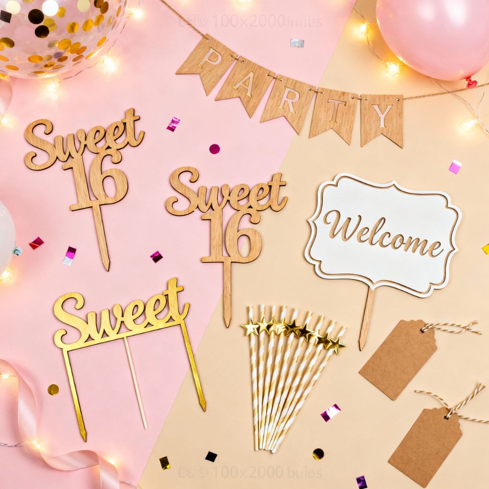 Sweet 16 Laser Cut Party Bundle | Birthday Décor SVG Set | Cake Toppers, Signs & Banners for Glowforge, Cricut & xTool - Image 3