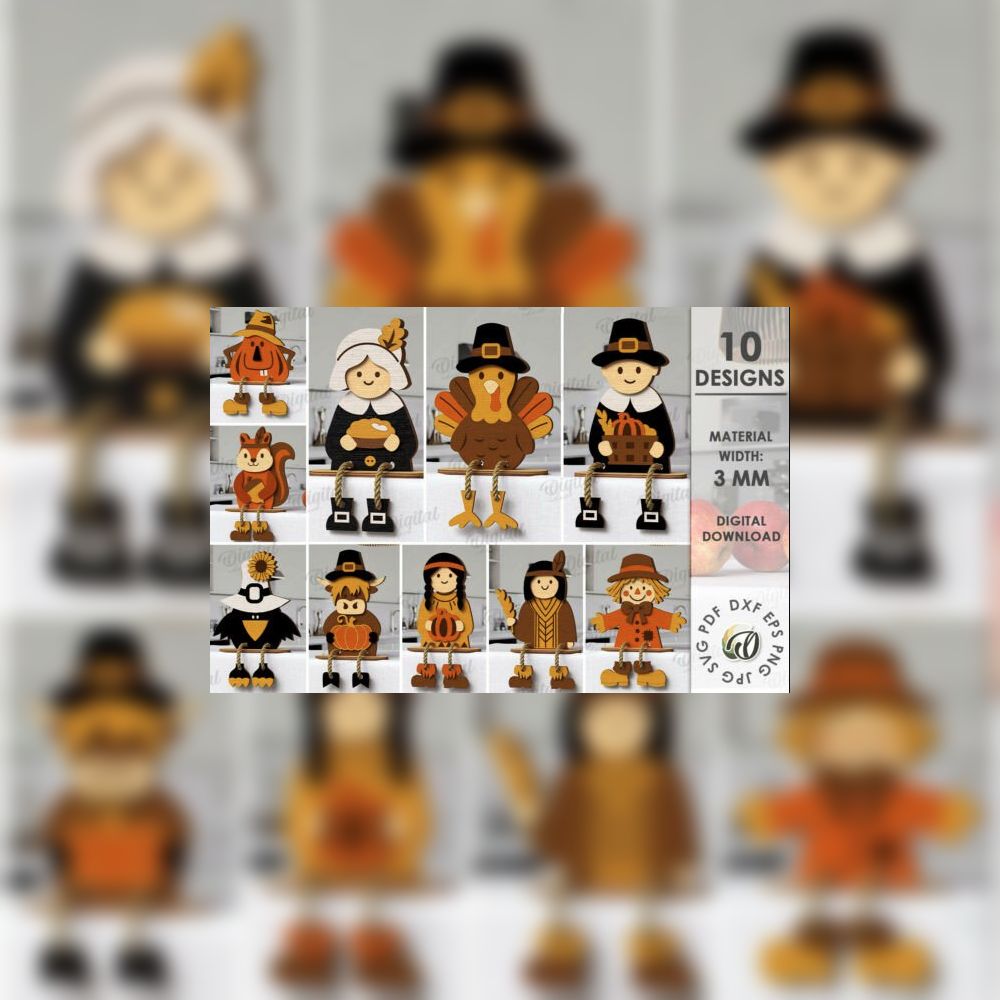 Thanksgiving Shelf Sitters SVG Bundle | 10 3D Layered Autumn Decor Designs | Laser Cut Wooden Turkey, Pilgrim & Harvest Characters