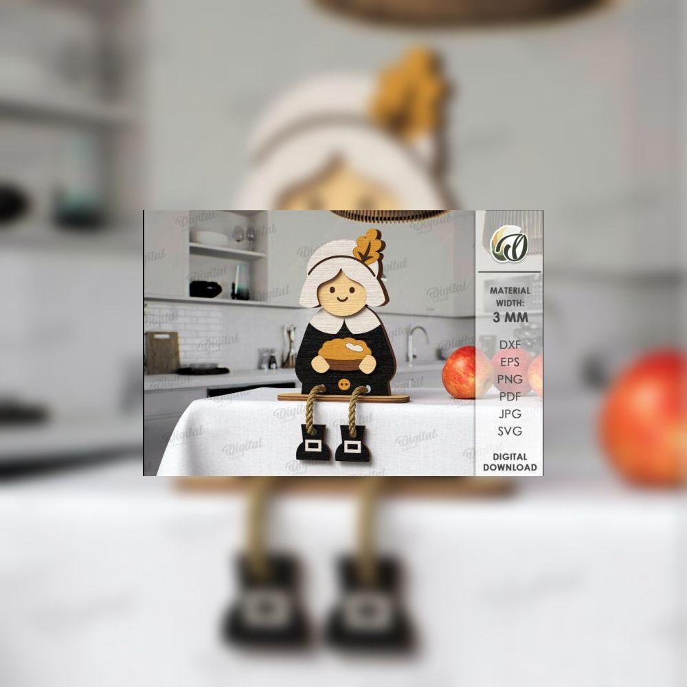 Thanksgiving Shelf Sitters SVG Bundle | 10 3D Layered Autumn Decor Designs | Laser Cut Wooden Turkey, Pilgrim & Harvest Characters - Image 4