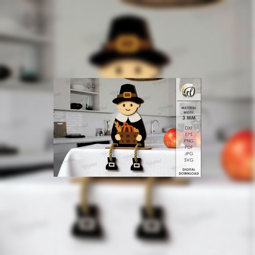 Thanksgiving Shelf Sitters SVG Bundle | 10 3D Layered Autumn Decor Designs | Laser Cut Wooden Turkey, Pilgrim & Harvest Characters - Image 2