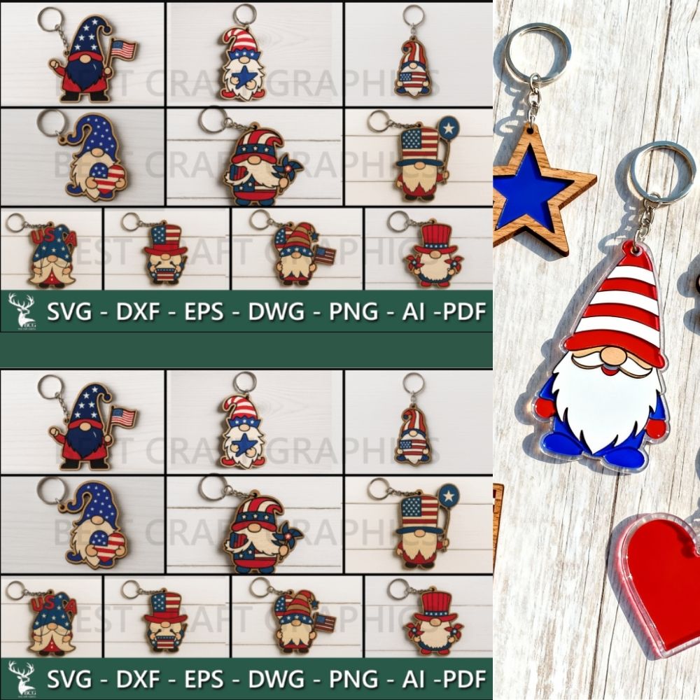 Patriotic Gnome Keychain SVG Bundle – Laser Cut 4th of July Designs for Glowforge, Cricut & More