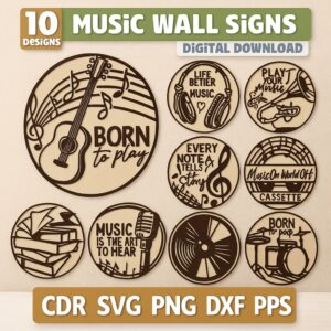 Music Wall Art Laser Cut Bundle 🎶 | 3D Round Signs for Home Decor | CNC & Glowforge Ready Files