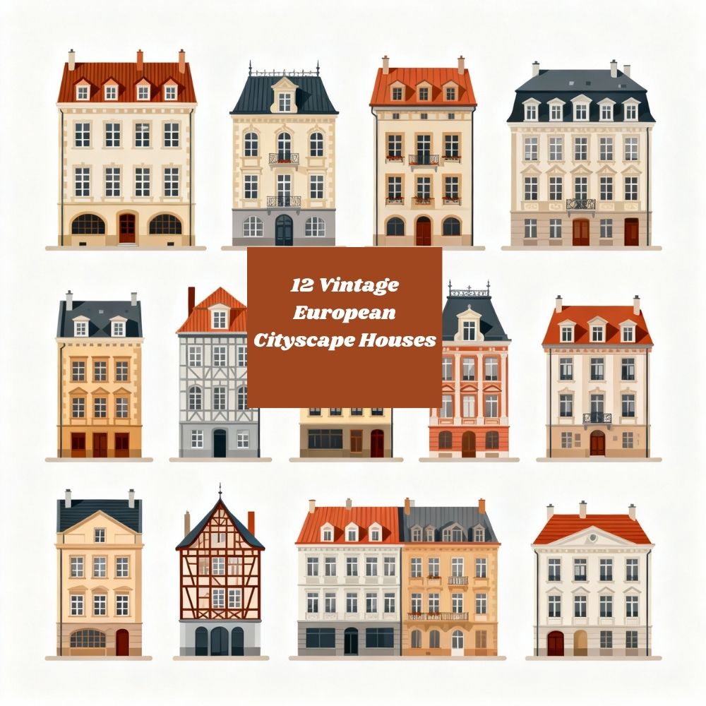 Vintage European Cityscape Vector Houses – 12 Old Town Designs for Cricut, Laser Cutting & Crafts