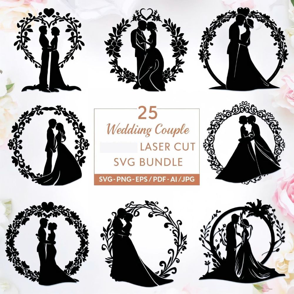 π 25 Wedding Couple Laser Cut SVG Bundle | Romantic Bride & Groom Silhouette Set β€οΈ - Image 3
