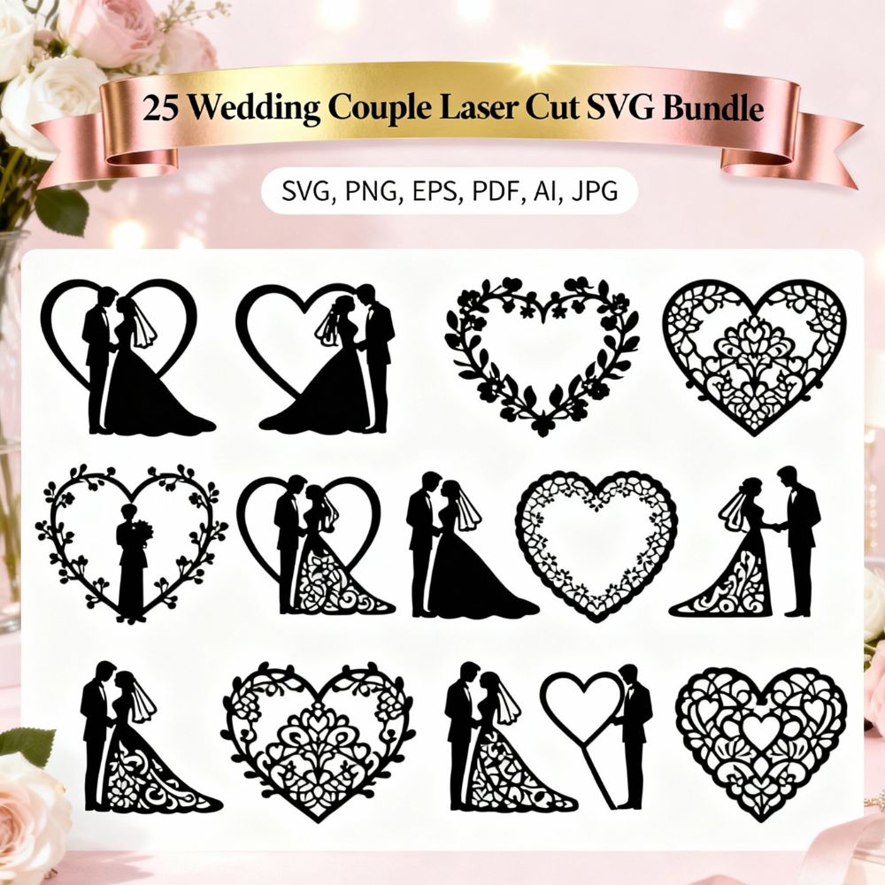 π 25 Wedding Couple Laser Cut SVG Bundle | Romantic Bride & Groom Silhouette Set β€οΈ - Image 2