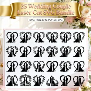 💍 25 Wedding Couple Laser Cut SVG Bundle | Romantic Bride & Groom Silhouette Set ❤️