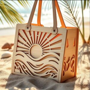 Laser Cut Wooden Beach Tote Bag SVG – Wave & Sun Pattern Summer Bag Template